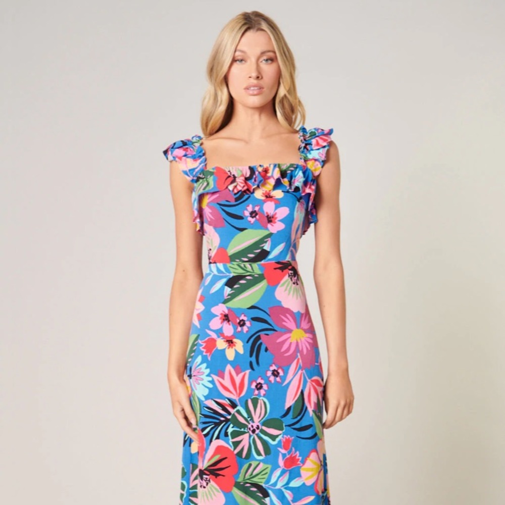 Sugarlips Ruffle Trim Tropical Sundress, Midi, Small, NWT